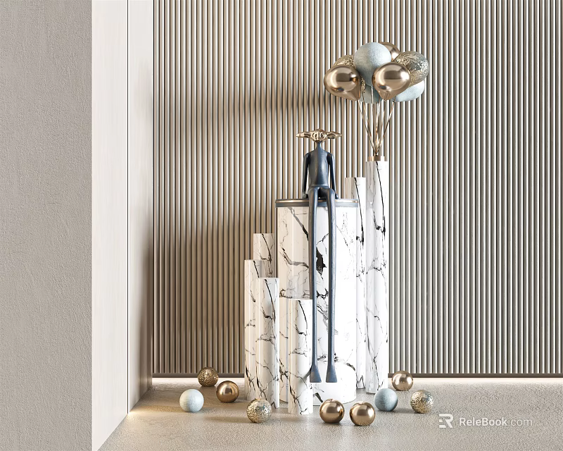 Modern Marble Sculpture With Metal Sphere Decorations In Indoor Space With Striped Wall 3d model 
