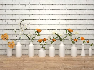 White Brick Wall Background With Wooden Floor And Multiple White Vases Holding Orange White Flowers 3d model