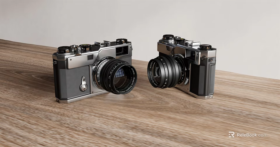 Vintage Digital Cameras With Classic Design Placed Side By Side On Wooden Table 3d model 