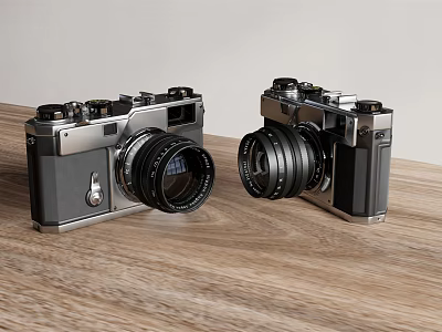 Vintage Digital Cameras With Classic Design Placed Side By Side On Wooden Table 3d model