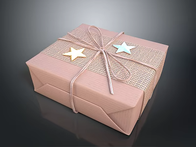 Pink Burlap Wrapped Gift Box With Bow And Star Decorations 3d model