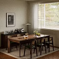 Cozy Wooden Dining Table Set With Green Seat Chairs Fruits Glassware And Cabinet