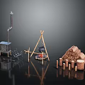 Outdoor Blacksmith Tools With Metal Stove Wooden Tripod And Firewood Stack 3d model