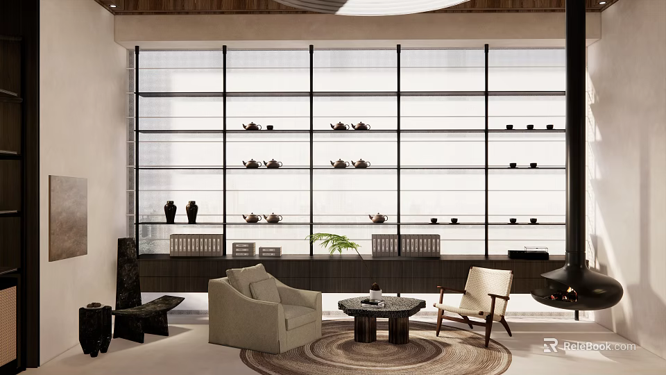 Serene Tea Room Interior With Glass Shelves Teapots And Cozy Seating 3d model 