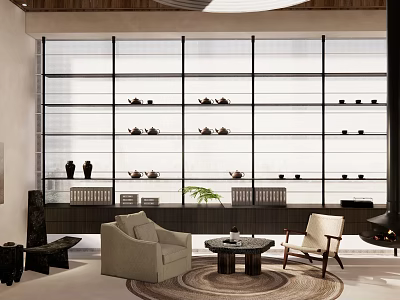 Serene Tea Room Interior With Glass Shelves Teapots And Cozy Seating 3d model
