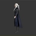 3D Character Model With White Long Hair And Dark Coat Standing In Gray Background