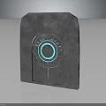 Central Bank Metal Plaque With Blue Glowing Circle And Textured Surface