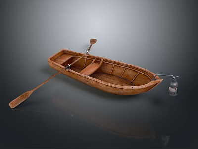 Detailed Traditional Wooden Small Boat Model With Paddle And Lantern 3d model