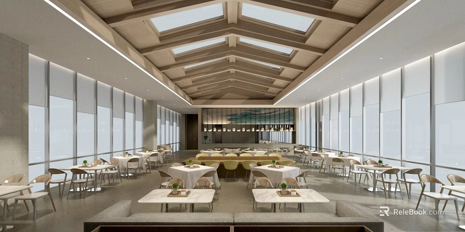 Bright Modern Restaurant Interior With Wooden Ceiling Skylights And Large Windows Dining Tables 3d model 