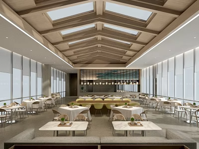 Bright Modern Restaurant Interior With Wooden Ceiling Skylights And Large Windows Dining Tables 3d model