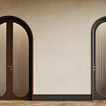 Brown and Black Arched Swing Doors with Ribbed Glass on Beige Wall and Dark Floor