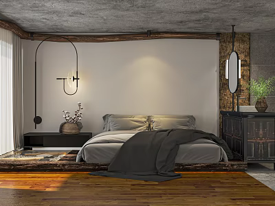 Industrial Style Hotel Guest Room Interior With Gray Bedding Wooden Floor And Decorative Lights 3d model