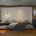 Industrial Style Hotel Guest Room Interior With Gray Bedding Wooden Floor And Decorative Lights