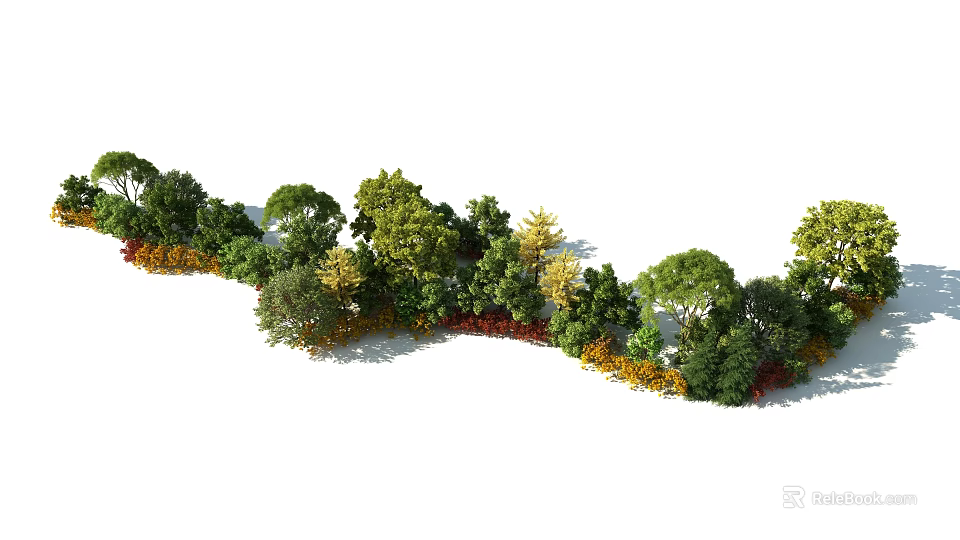 Diverse Flowers and Plants in Curved Green Belt with Green Yellow Red Leaves and Shrubs 3d model 