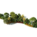 Diverse Flowers and Plants in Curved Green Belt with Green Yellow Red Leaves and Shrubs