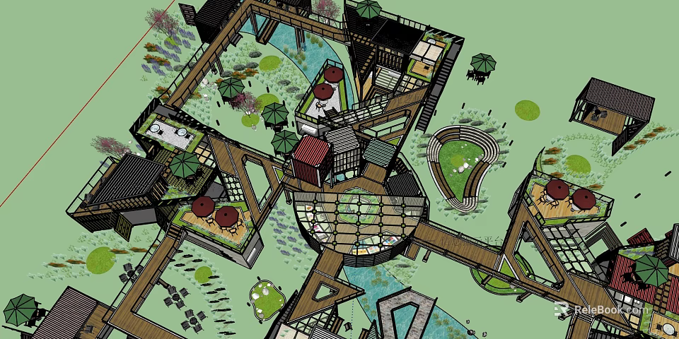 Innovative Garden Features Design With Wooden Paths Green Plants Water Elements And Seating Areas 3d model 