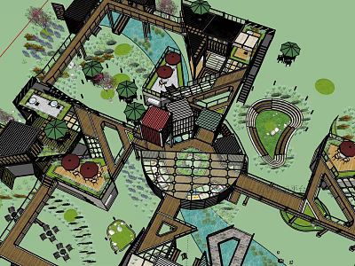 Innovative Garden Features Design With Wooden Paths Green Plants Water Elements And Seating Areas 3d model