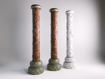 Ornate Brown And White Columns With Intricate Carved Patterns And Green Bases 3d model