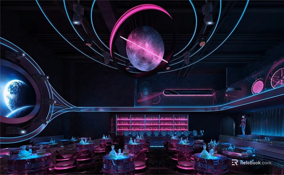 Bar Interior Design With Neon Lights Moon Decoration Purple Blue Lighting And Seating Area 3d model 