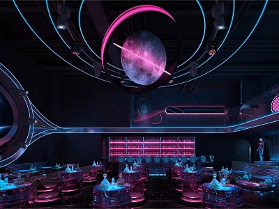 Bar Interior Design With Neon Lights Moon Decoration Purple Blue Lighting And Seating Area 3d model