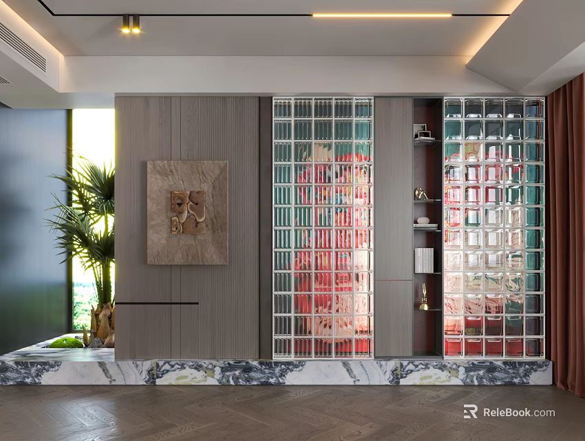 Modern Living Room Art Wall with Plexiglass Brick Design Wooden Frame and Marble Base 3d model 