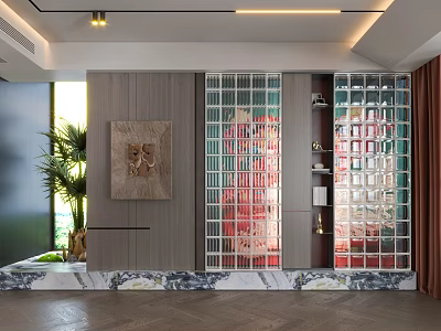 Modern Living Room Art Wall with Plexiglass Brick Design Wooden Frame and Marble Base 3d model