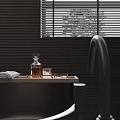 Modern Bathroom With Dark Marble Walls Black Freestanding Bathtub And Window Blinds
