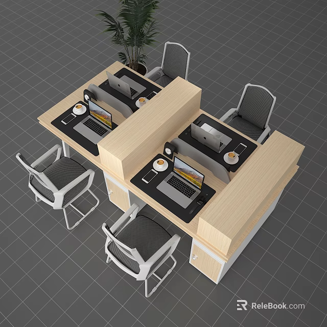 Modern Double Office Desk With Two Laptops Coffee Cups And Four Chairs 3d model