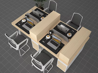 Modern Double Office Desk With Two Laptops Coffee Cups And Four Chairs 3d model