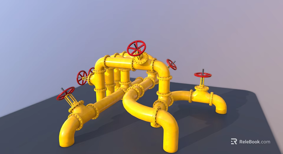 Yellow Industrial Piping System With Red Valves And Pipe Layout Design 3d model 