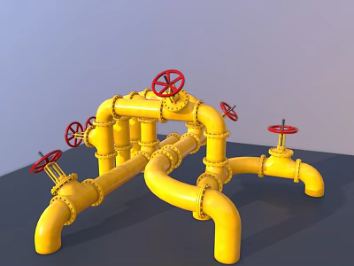 Yellow Industrial Piping System With Red Valves And Pipe Layout Design 3d model