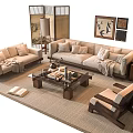 Traditional Sofa And Coffee Table Set With Wooden Frame Cushions Decorative Screens And Lamp