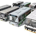 Multiple Different Model Buses Featuring White And Green Colors Front View Fleet