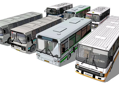 Multiple Different Model Buses Featuring White And Green Colors Front View Fleet 3d model