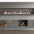 Modern Stone Fireplace With Long Linear Design Firewood Vase And Burning Flames