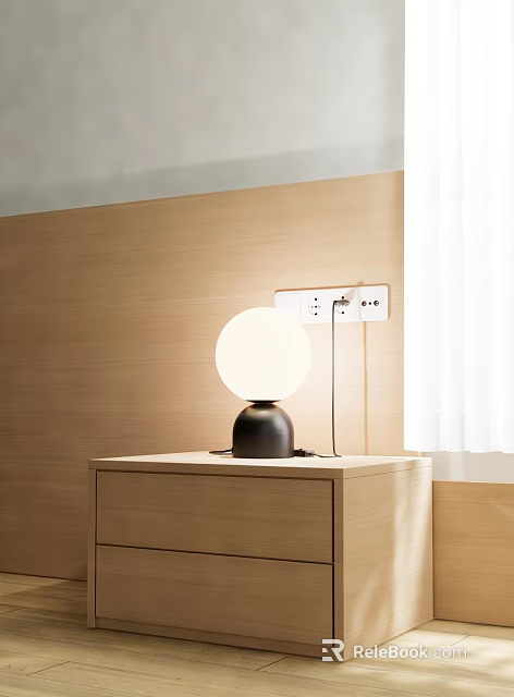 Modern Simple Table Lamp With Spherical White Shade And Black Base On Wooden Cabinet 3d model 