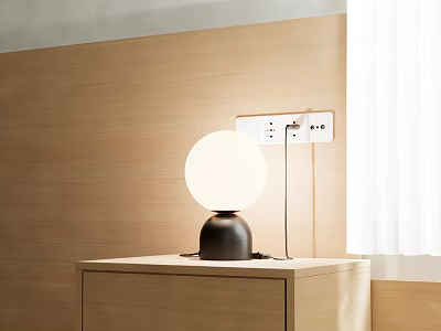 Modern Simple Table Lamp With Spherical White Shade And Black Base On Wooden Cabinet 3d model