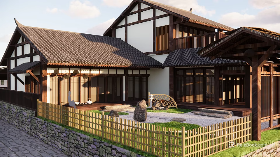 Traditional Japanese Guesthouse Building With Wooden Structure Tile Roof Courtyard And Bamboo Fence 3d model 