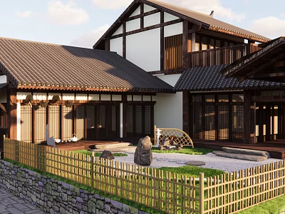 Traditional Japanese Guesthouse Building With Wooden Structure Tile Roof Courtyard And Bamboo Fence 3d model