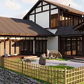 Traditional Japanese Guesthouse Building With Wooden Structure Tile Roof Courtyard And Bamboo Fence