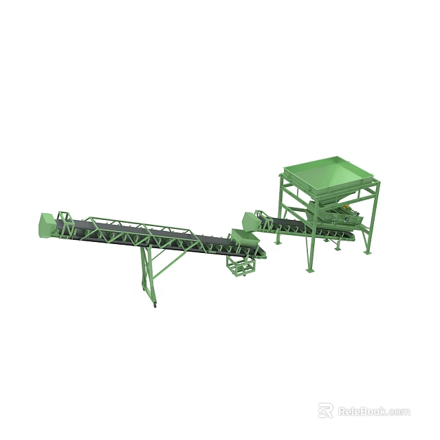 Green Industrial Conveyor Belt System With Hopper Feeder And Mechanical Parts 3d model 