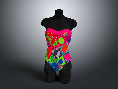Colorful One Piece Swimsuit With Geometric Patterns On Black Mannequin 3d model
