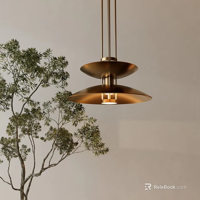 Minimalist Two Tier Disc Brass Chandelier Hanging With Green Indoor Tree And Neutral Wall 3d model 