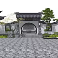 Traditional Chinese Garden Wall with Circular Doorway Carved Lattice Windows Green Plants and Stone Pavement