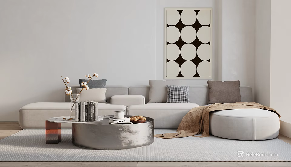 Light Gray Sectional Sofa Interior With Round Coffee Table And Geometric Wall Art 3d model 