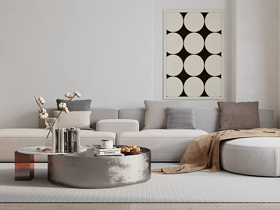 Light Gray Sectional Sofa Interior With Round Coffee Table And Geometric Wall Art 3d model