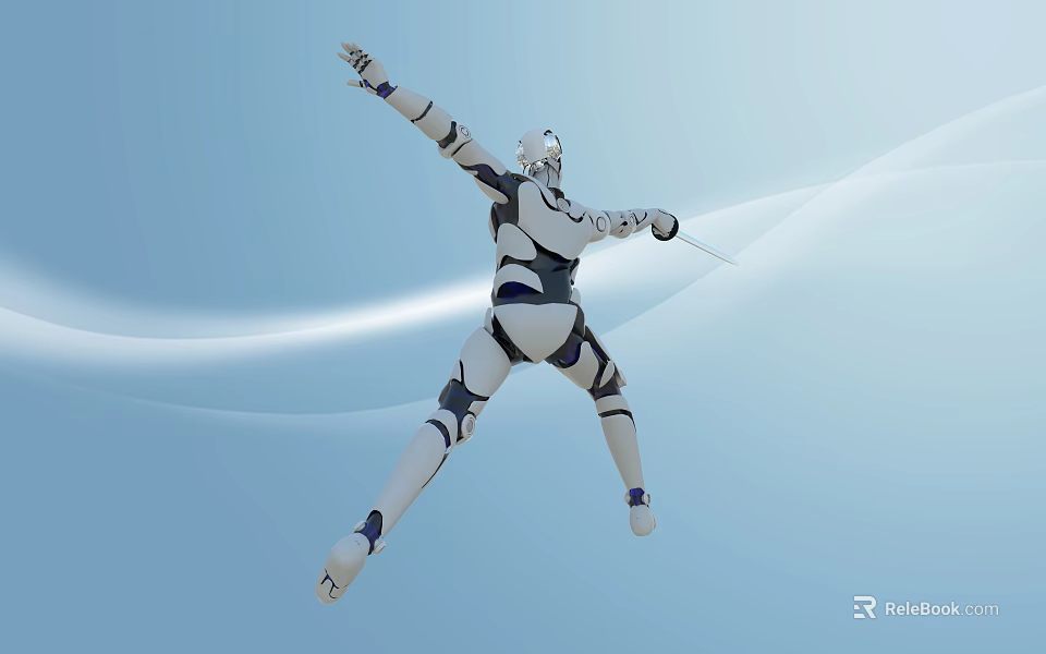 Intelligent Robot Jumping In The Air With Arms Outstretched On Light Blue Wavy Line Background 3d model 