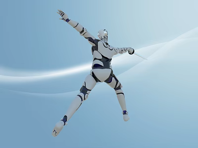 Intelligent Robot Jumping In The Air With Arms Outstretched On Light Blue Wavy Line Background 3d model