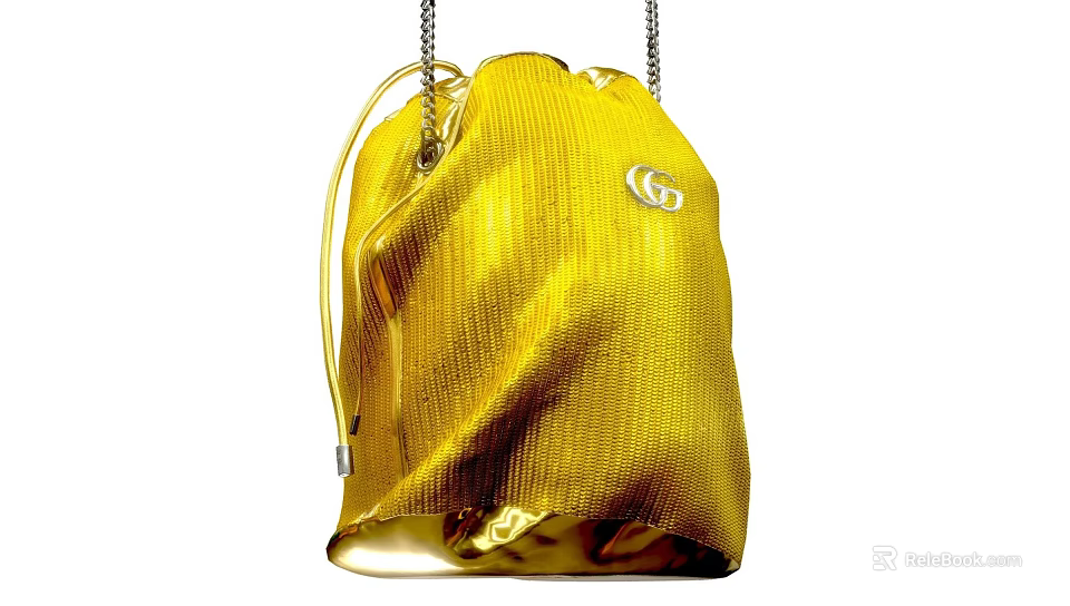 Golden Woven Drawstring Bag With Chain Strap And Shiny Brand Logo Design 3d model 