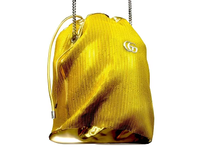 Golden Woven Drawstring Bag With Chain Strap And Shiny Brand Logo Design 3d model